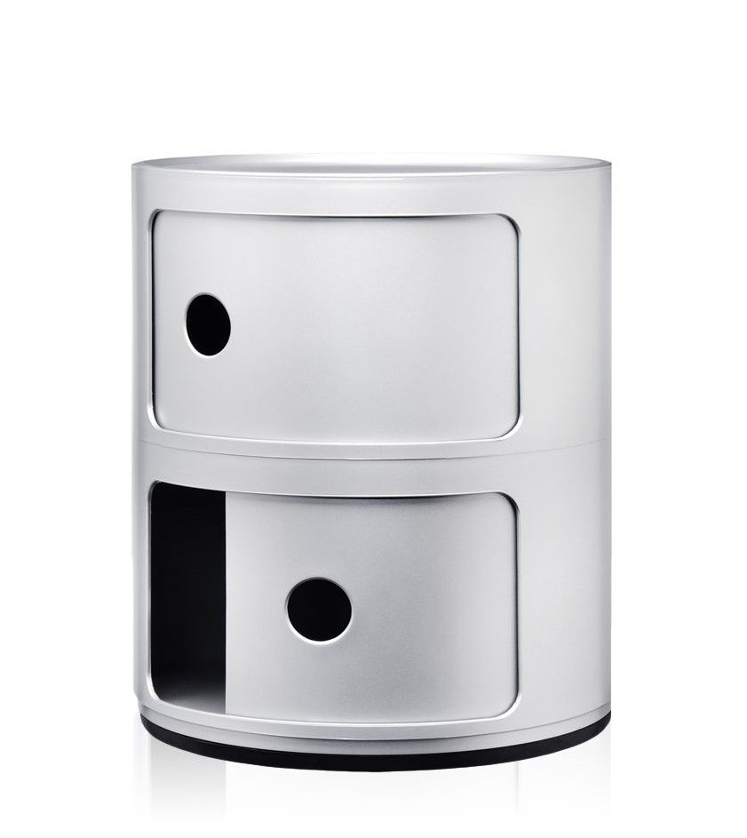 Silbernes Kartell Componibili 2er Element mit zwei Fächern und runden Öffnungen als Griff.