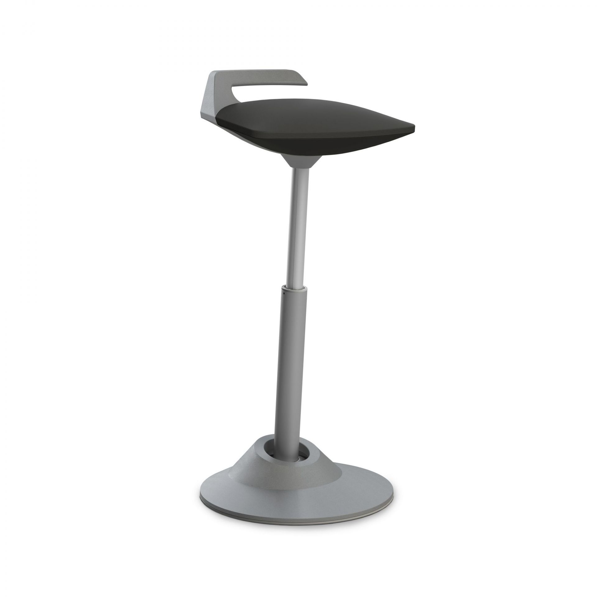 Ergonomischer Stehhocker in Grau mit schwarzem Sitz für Büro und Homeoffice, höhenverstellbar.