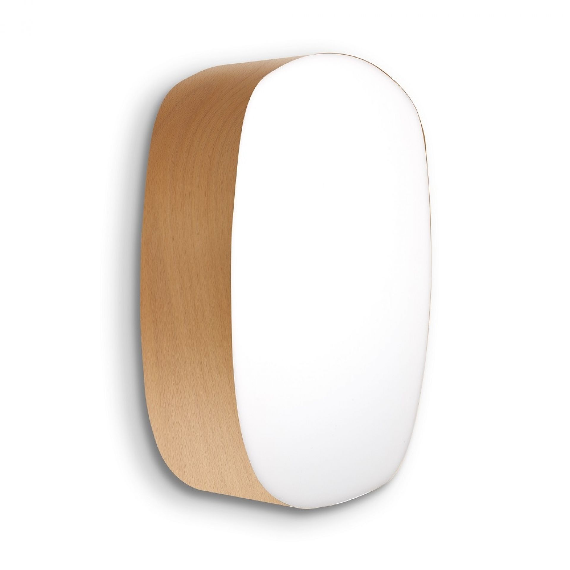 Guijarro G5 Wandleuchte von LZF Lamps: Ovale Lampe mit Holzrahmen und weißem Diffusor.