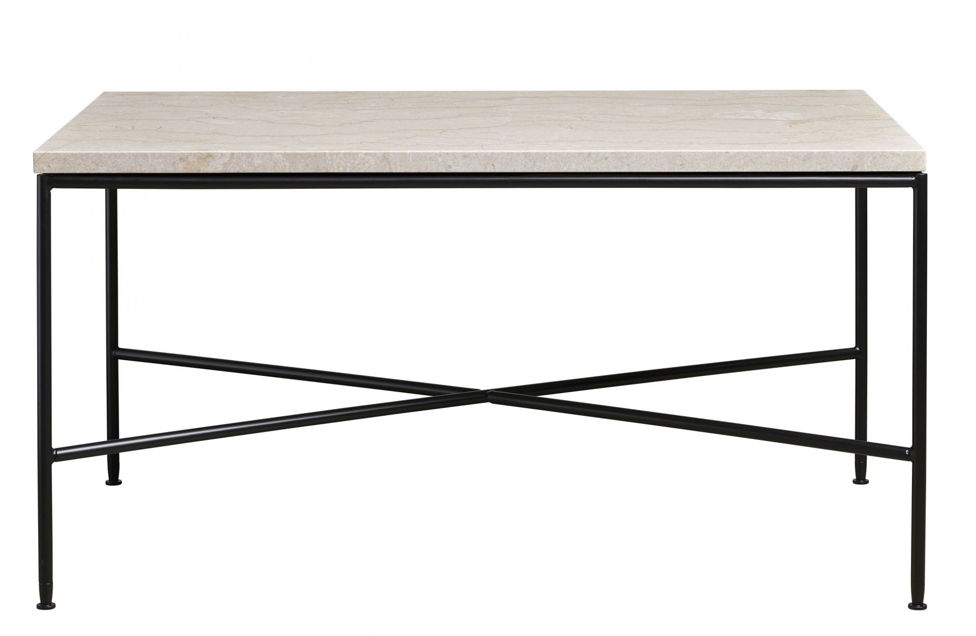 Fritz Hansen Planner Couchtisch mit quadratischer, beiger Marmorplatte und schwarzem Metallgestell.