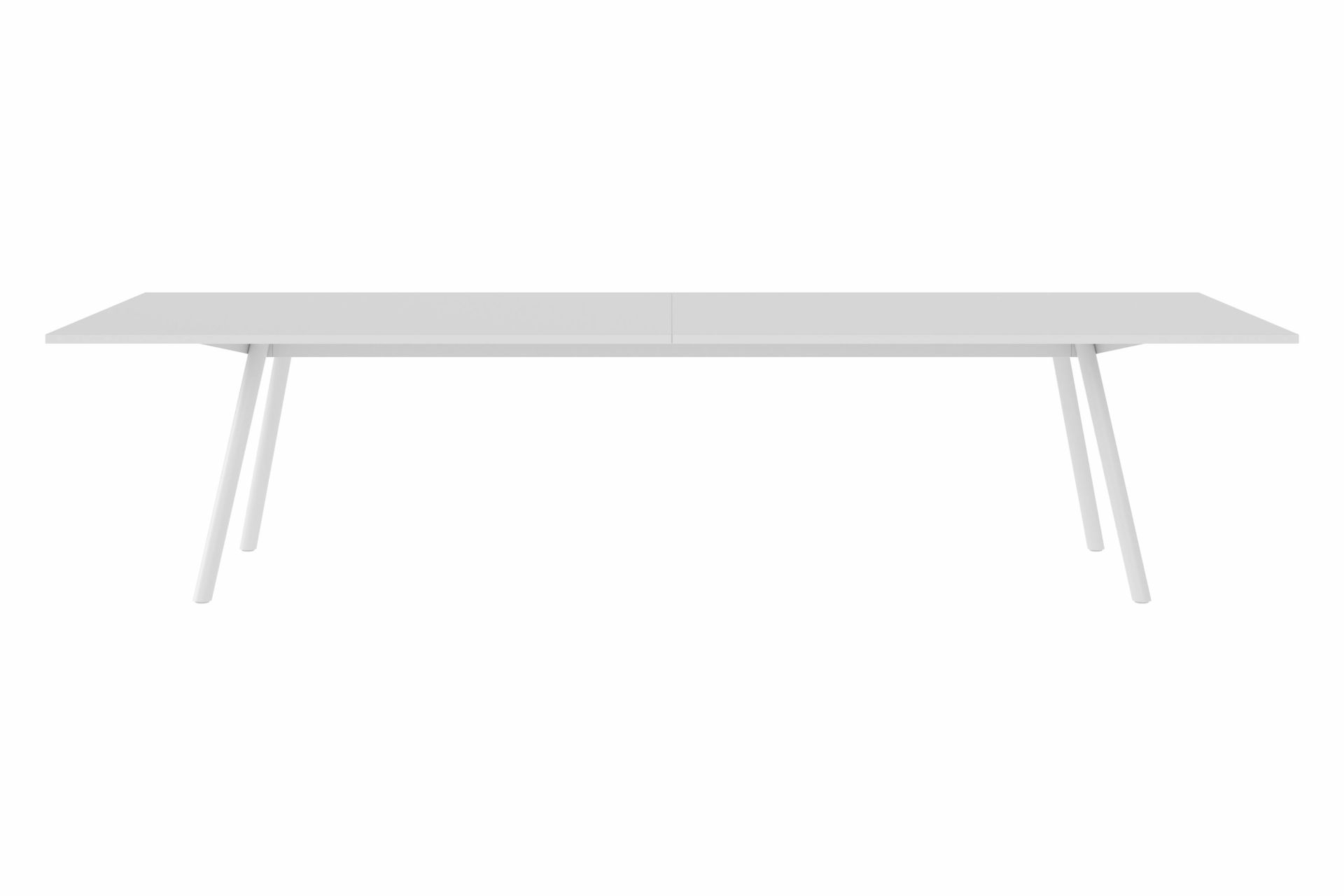 New Tendency Masa Tischplatte, weißer Esstisch mit minimalistischem Design und schrägen Tischbeinen.
