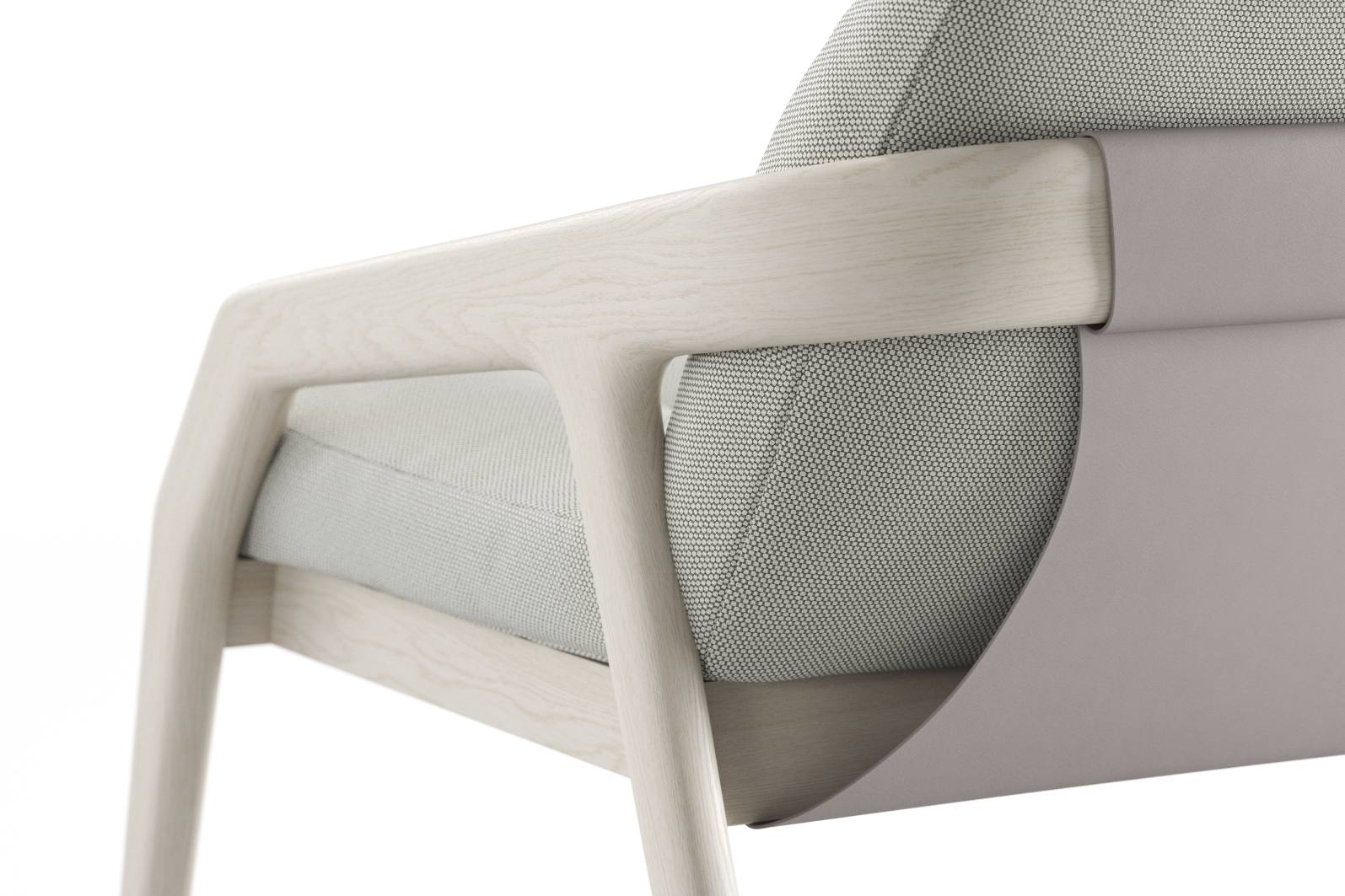 Detailaufnahme vom Friday 2 Sofa von Zeitraum: Helles Holzgestell, grauer Stoffbezug und Lederdetails.