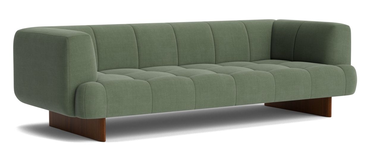 Quilton Sofa von Hay, 3-Sitzer in Grün mit gesteppter Polsterung und Holzfüßen.