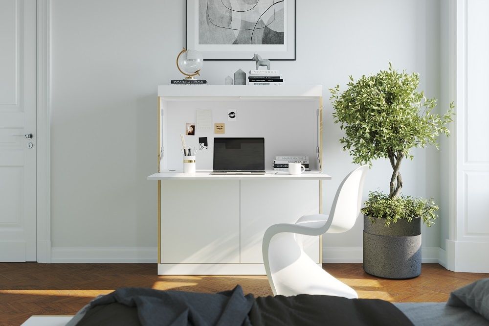 FLAI Home-Office Sekretär von Müller Möbelwerkstätten, weißer Schreibtisch mit Laptop und Büromaterial im modernen Arbeitszimmer.
