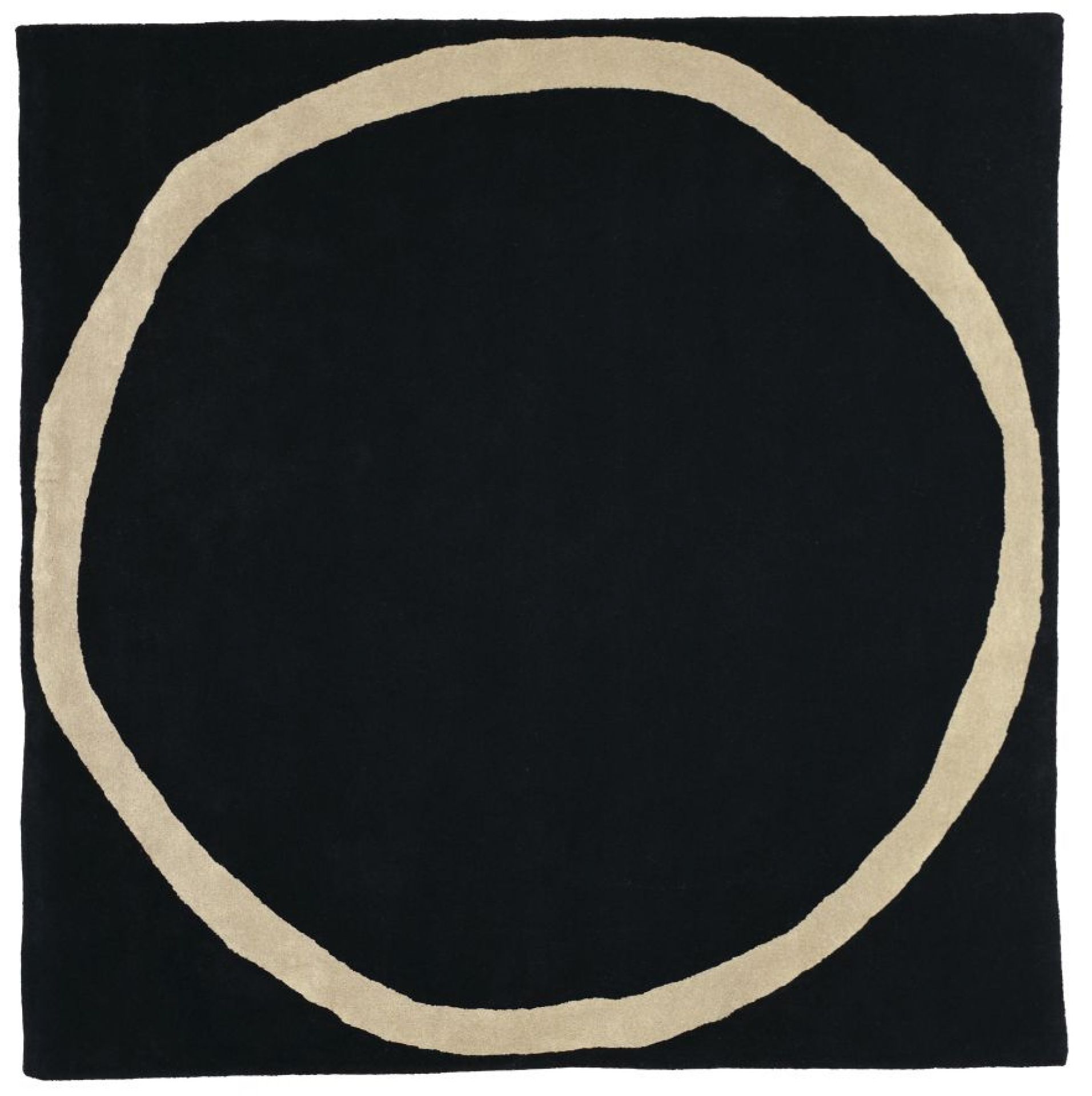 Rechteckiger Aros Teppich von Nanimarquina, schwarzer Wollteppich mit beigem Kreis, modernes Design.