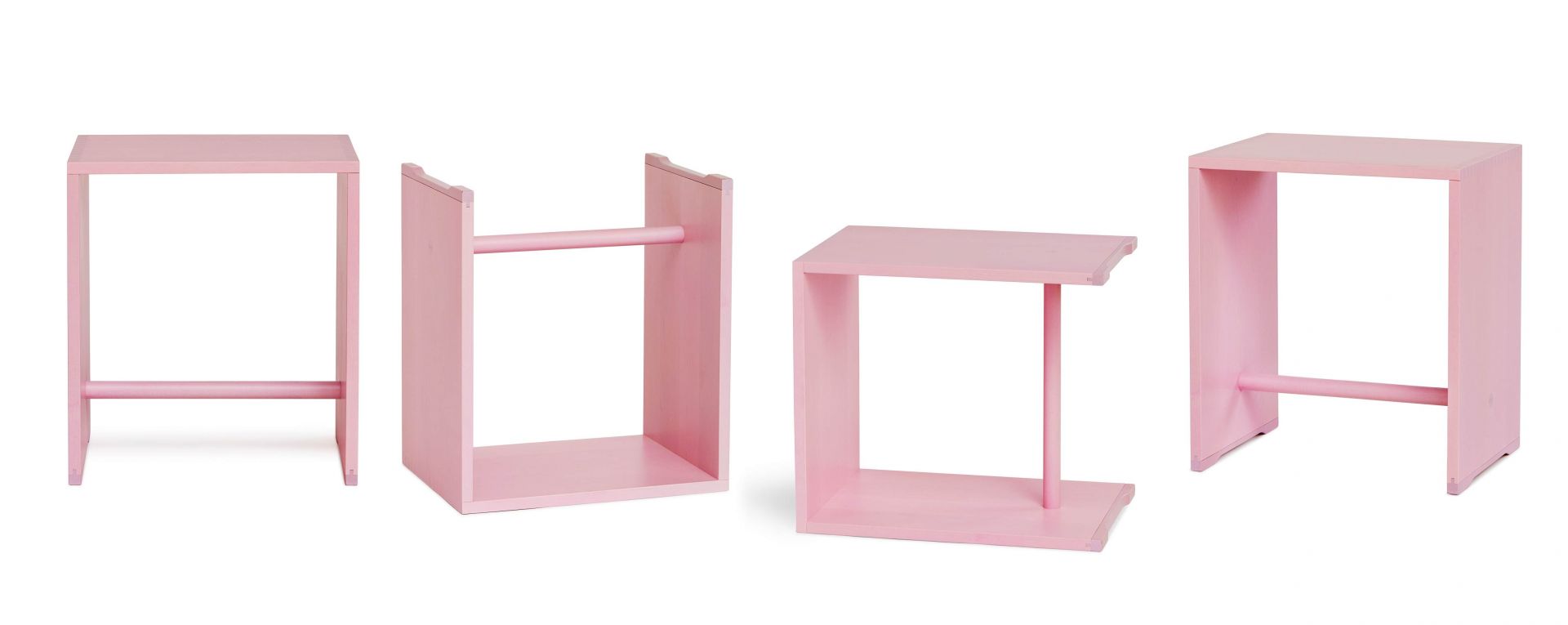Ulmer Hocker Max Bill Rosa Limited Edition, vier Ansichten des Hockers, modernes Möbeldesign.