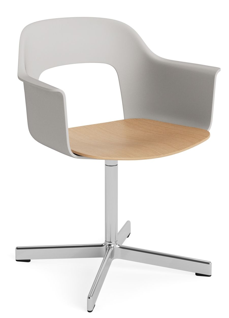 Layout Armchair 232 von Hay: Drehstuhl mit Armlehnen, grauem Kunststoff und hellem Holz.