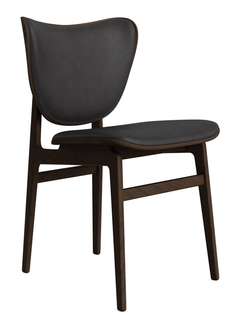 NORR11 Elephant Dining Chair, vollgepolstert mit dunklem Holzrahmen und schwarzem Lederbezug, Seitenansicht.