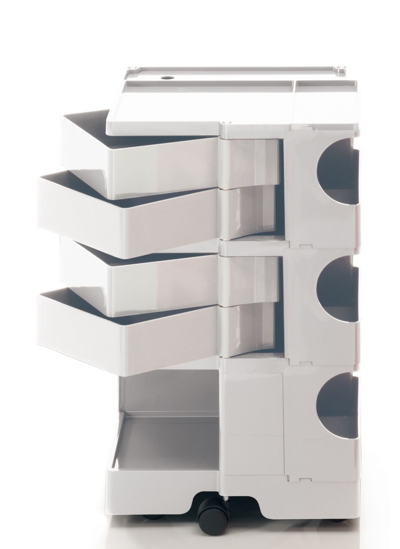 Weißer Boby Rollcontainer mit Schubladen und Fächern, ideal für Büro und Arbeitszimmer.