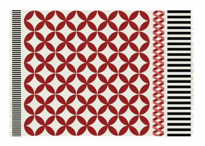 Kilim Catania Teppich mit rotem Blütenmuster, schwarzen Streifen und dekorativem Zopfband. Moderner Teppich für Wohnzimmer.