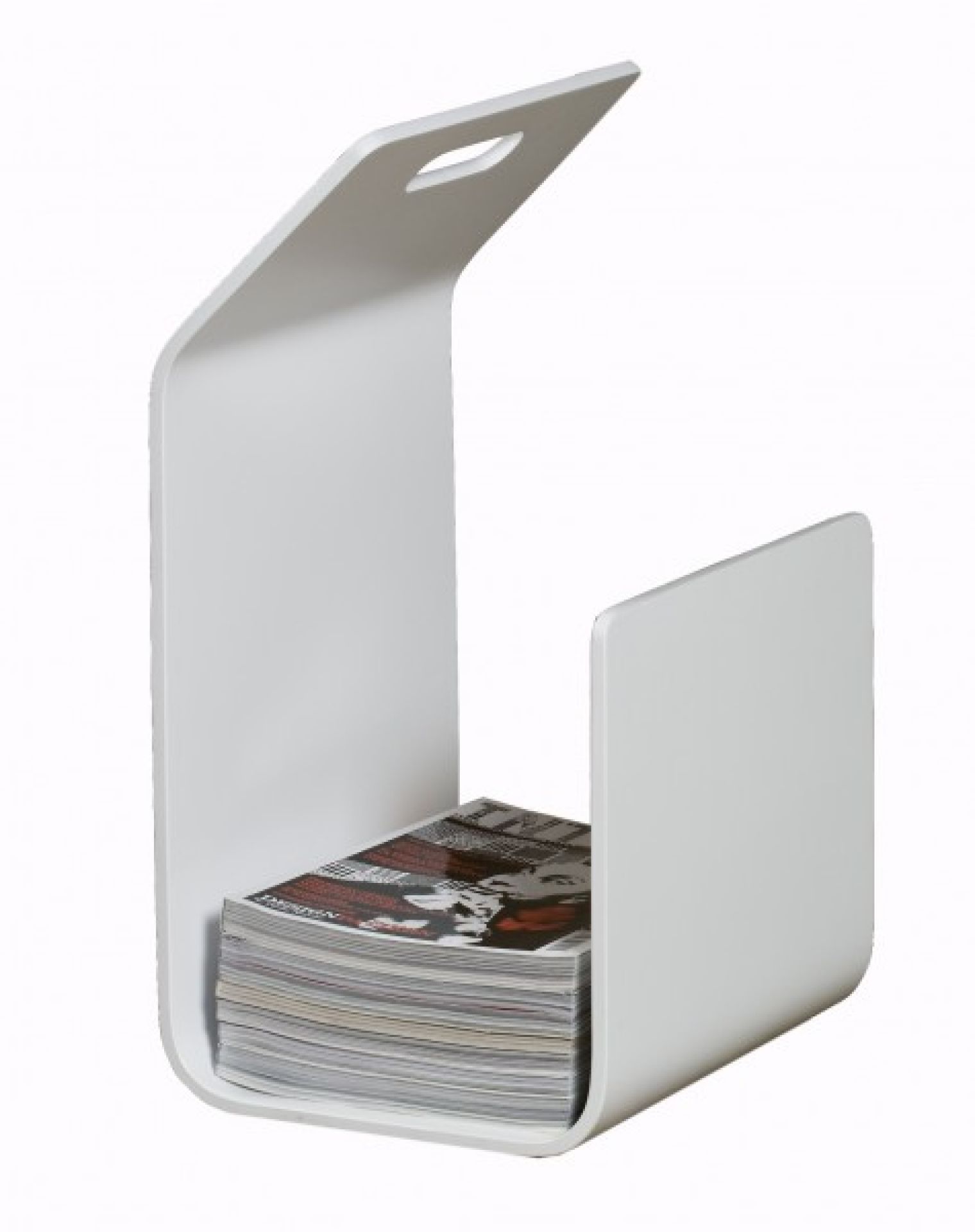 Weißer Magazinständer aus Kunststoff mit Tragegriff und Magazinen, modernes Design für Wohnzimmer und Büro.