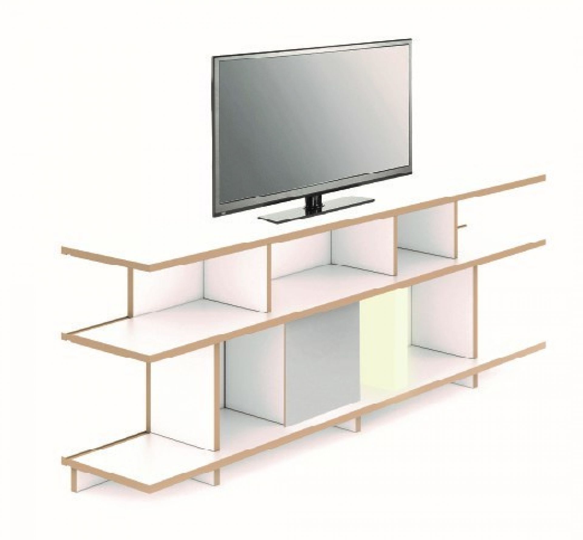 Tojo Stell Regal Grundmodul, weißes TV-Lowboard mit Fächern und Fernseher, modernes Wohnzimmerregal.