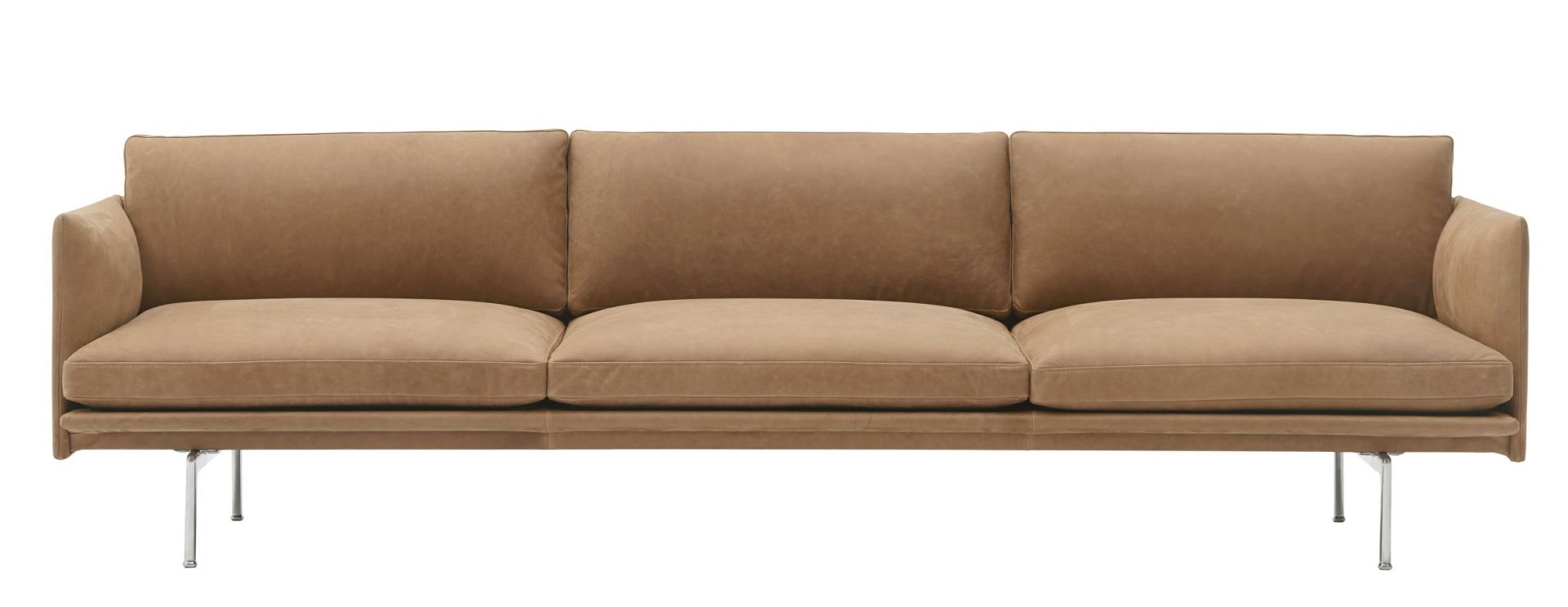 Muuto Outline Sofa, 3-Sitzer, hellbraunes Leder, modernes Design Sofa mit Stahlbeinen für Wohnzimmer.