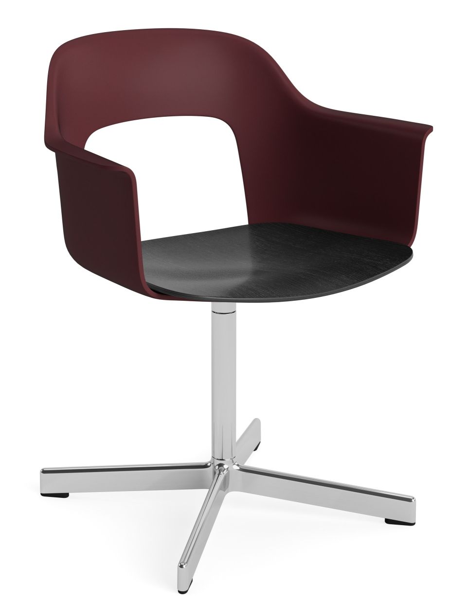 Hay Layout Armchair 232 Armlehnstuhl in Burgunderrot mit schwarzer Sitzfläche und verchromtem Fußkreuz. Moderner Bürostuhl für stilvolles Arbeiten.
