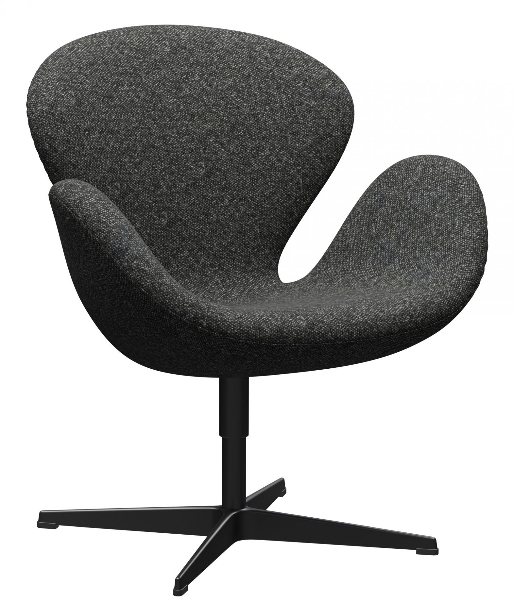 Grauer Swan Sessel mit Stoffbezug und schwarzem Fußkreuz, Designklassiker für Wohnzimmer und Büro.