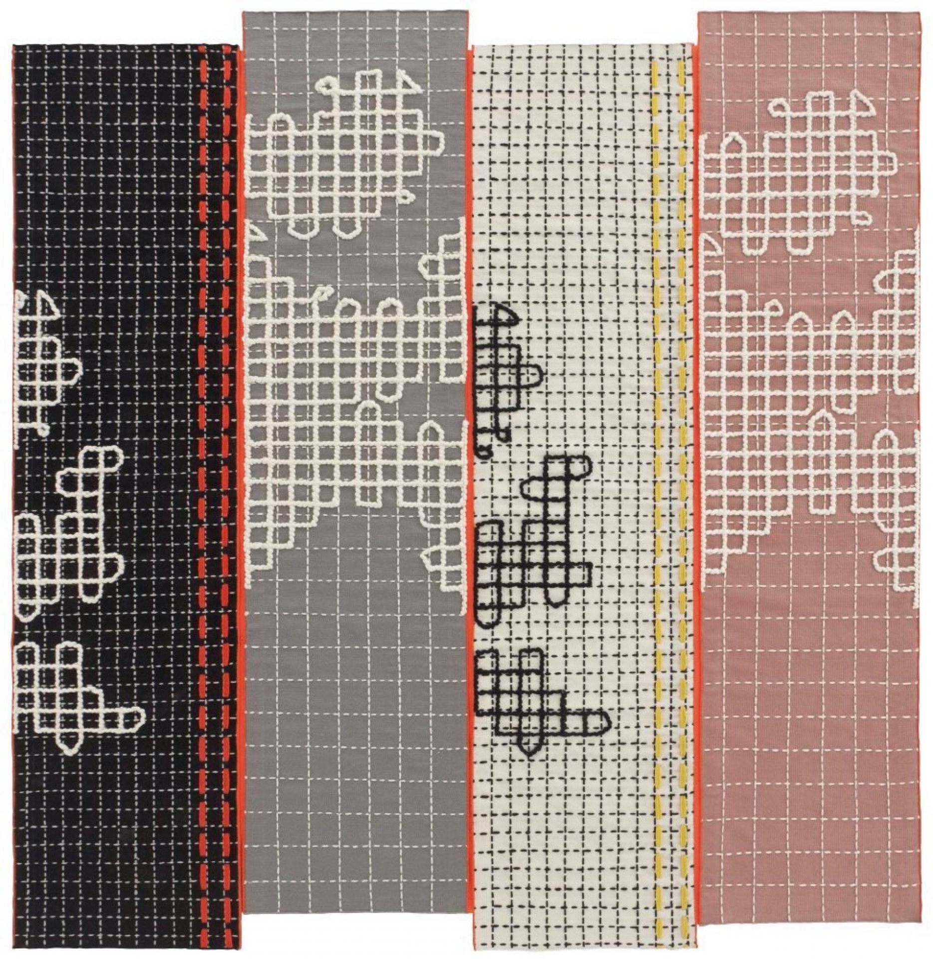 Detailansicht des GAN-Teppichs "Banda", ein moderner Designerteppich mit grafischem Muster in verschiedenen Farben.