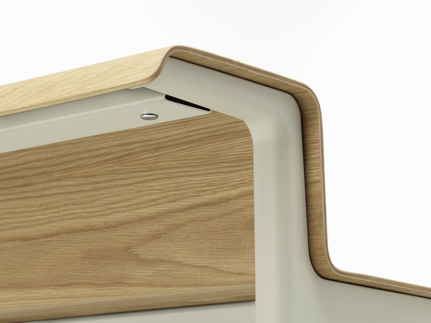 Detailaufnahme vom Vitra Courier Schreibtisch: Helles Holzfurnier mit weißem Metallgestell, modernes Design für Büro und Arbeitszimmer.