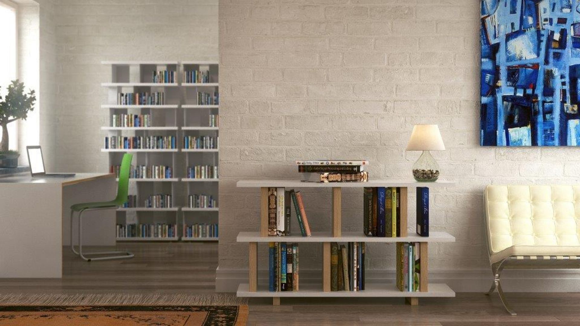 Tojo Dreh Regal Anbaumodul, weißes Bücherregal mit drei Ebenen, Bücher und Dekoration im Wohnzimmer.