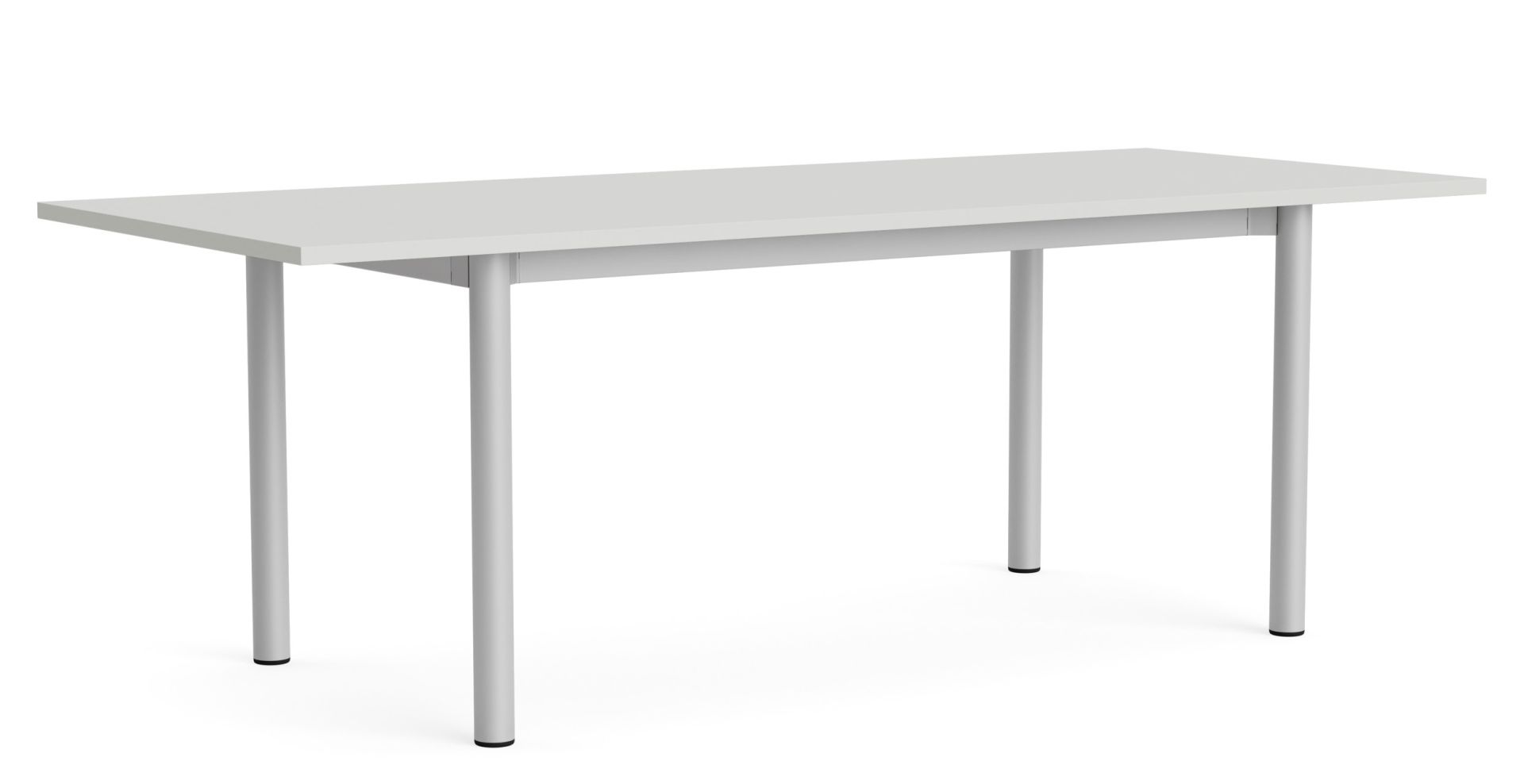 Heller Annex Table Overhang Esstisch von Hay mit rechteckiger Tischplatte und vier zylindrischen Tischbeinen.