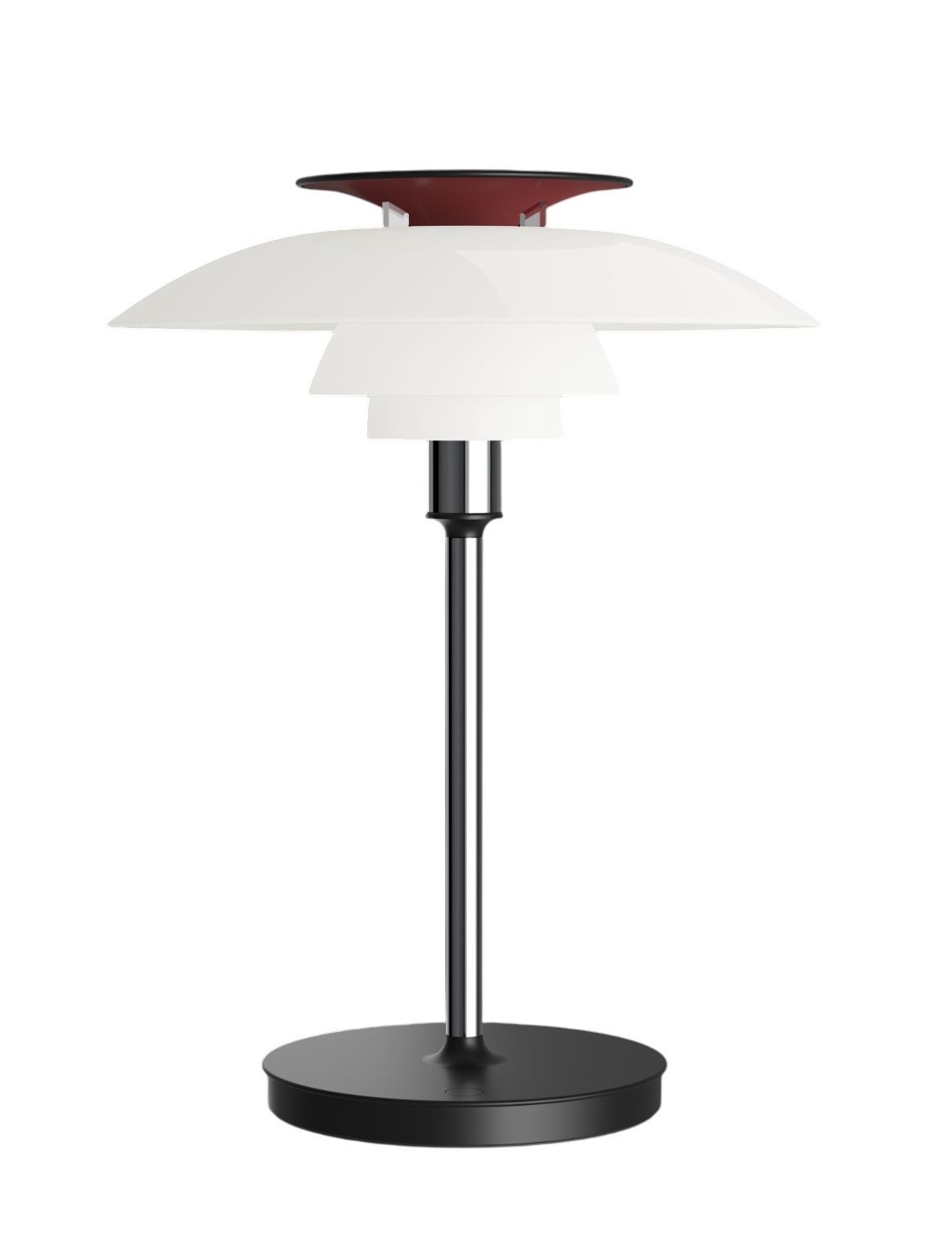 PH 80 Tischleuchte von Louis Poulsen, moderne Akkuleuchte mit dreischirmigem Design für stimmungsvolles Licht.