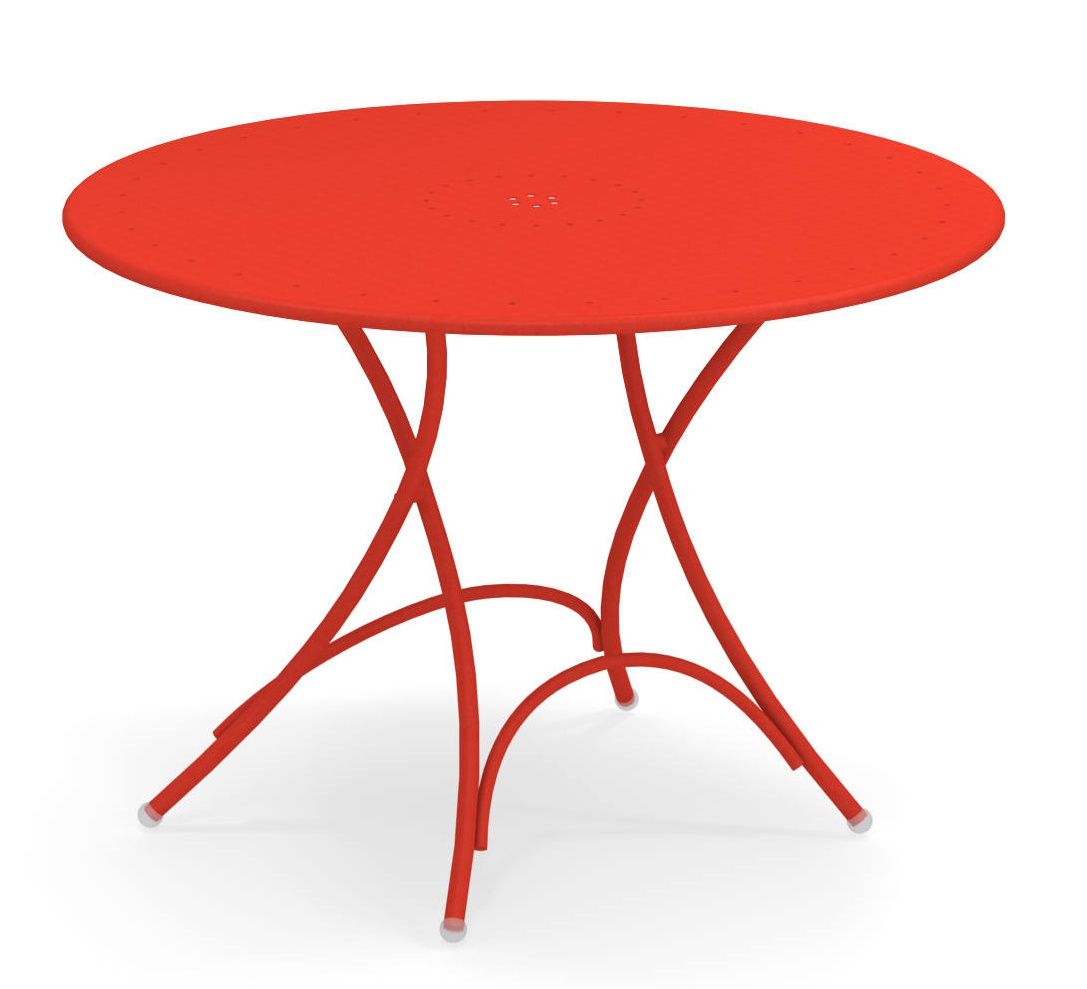 Roter Pigalle Klapptisch von Emu für den Außenbereich, runder Gartentisch mit filigranem Stahlgestell.