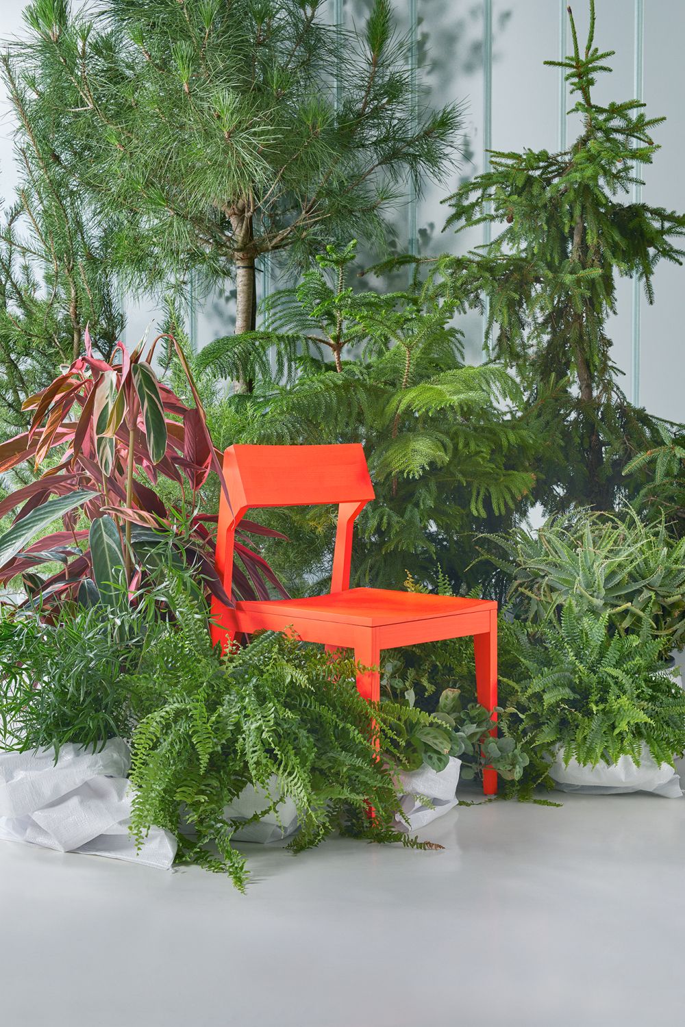 Oranger SCHULZ Stuhl zwischen grünen Pflanzen. Moderner Design Stuhl für Wohnzimmer und Garten.