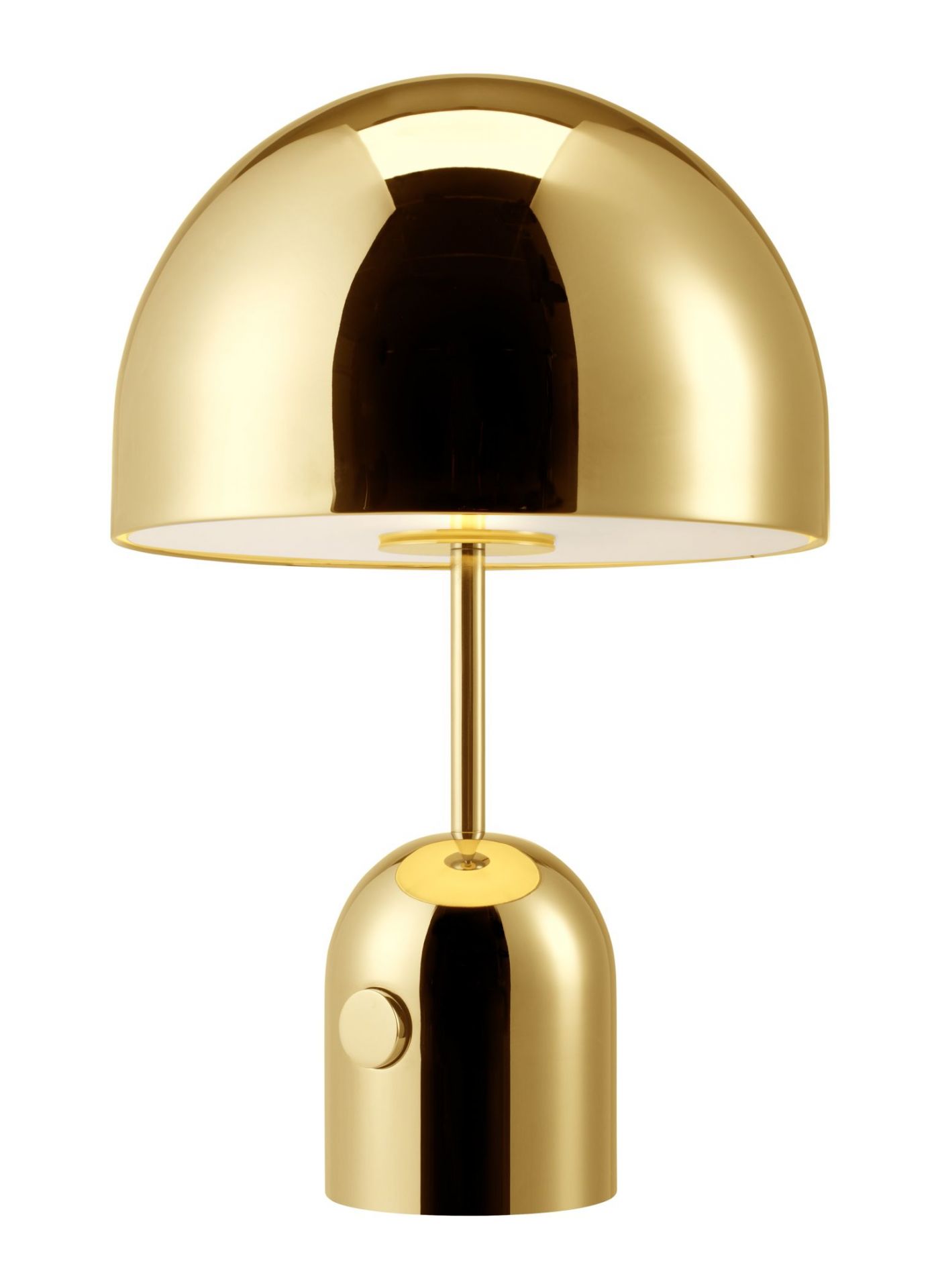Nahaufnahme der Bell Tischleuchte LED von Tom Dixon in glänzendem Messing.