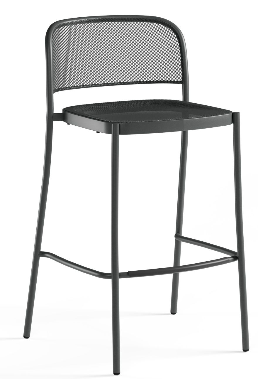 Café Barstool von Emu, ein grauer, moderner Outdoor Barhocker aus Metall mit Rückenlehne.