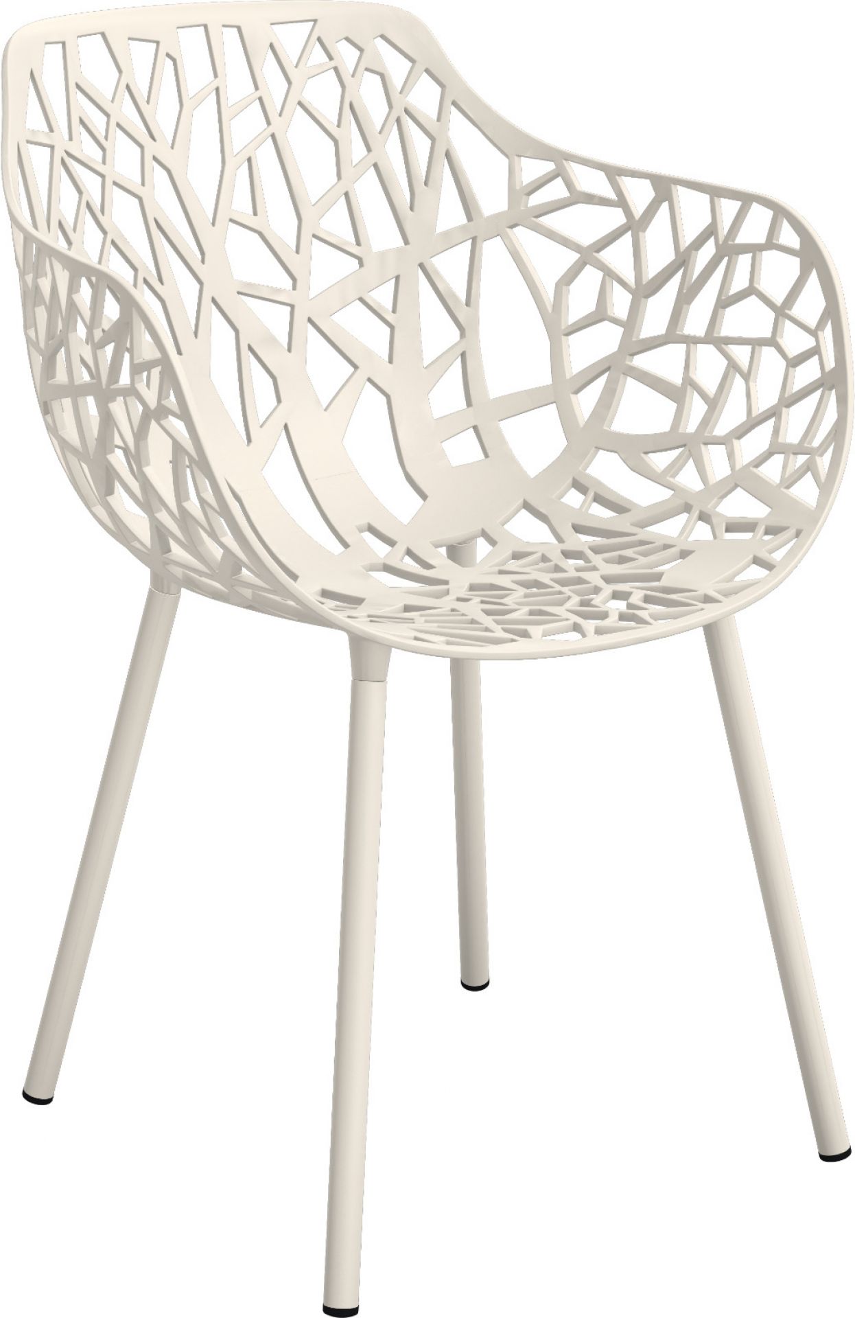Pulvergrauer Forest Outdoor Sessel mit filigranem, modernem Design und vier Beinen für Garten und Terrasse.