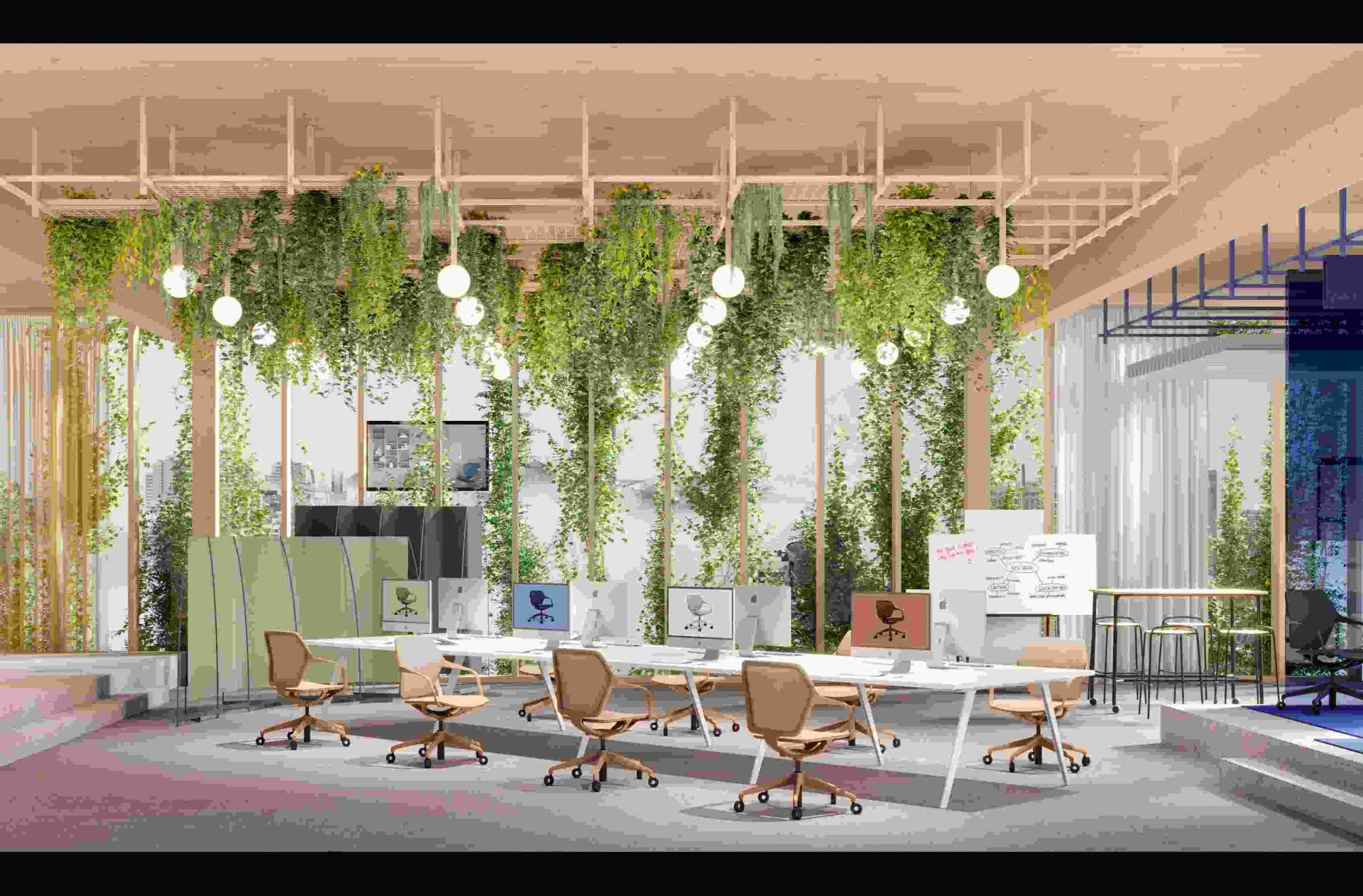 Büro mit Ray Work 9220 Bürodrehstühlen von Brunner, ergonomische Arbeitsplätze mit Pflanzen für eine angenehme Atmosphäre.