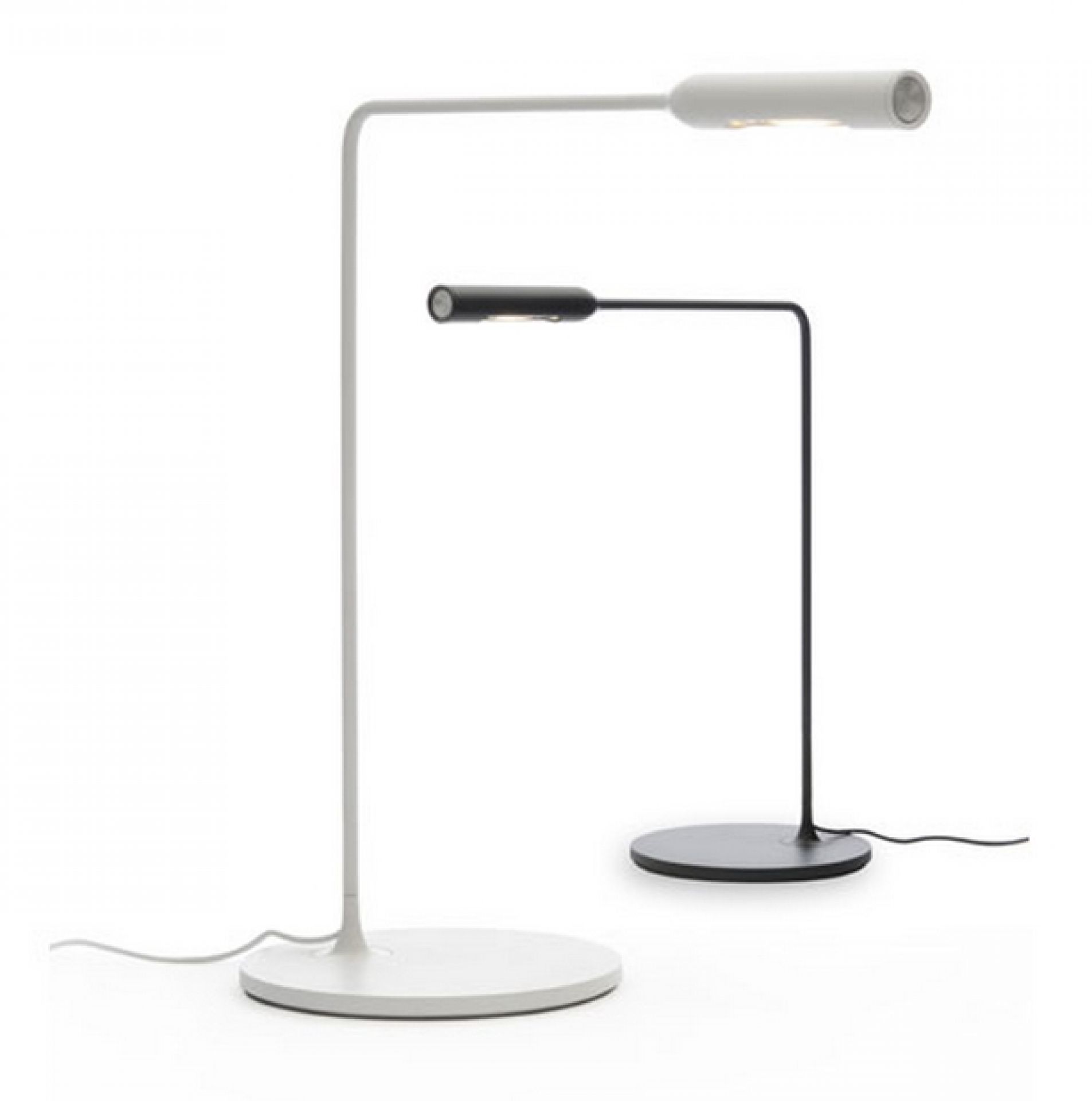 Weiße und schwarze Flo Desk Tischleuchte Lumina mit minimalistischem Design für Büro und Zuhause.