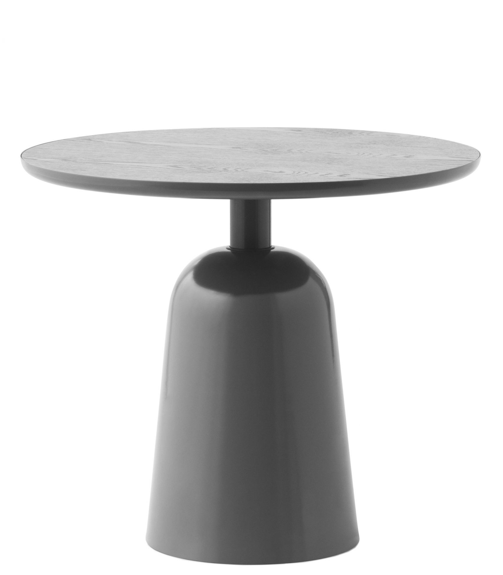 Normann Copenhagen Turn Table Beistelltisch, runder Holztisch mit grau lackiertem, trompetenförmigem Fuß.