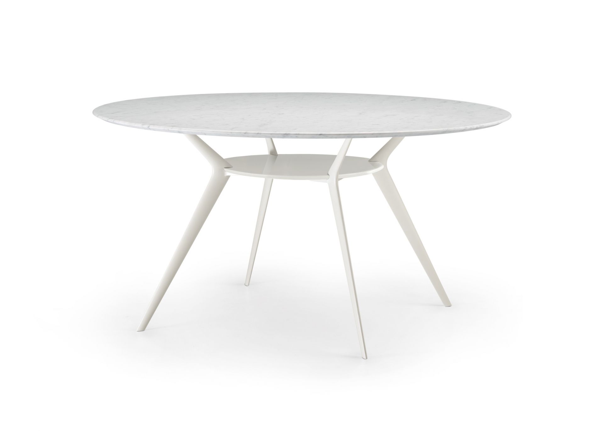Biplane Tisch Alias mit runder Marmorplatte und weißem, dreibeinigem Untergestell, modernes Design für Esszimmer.