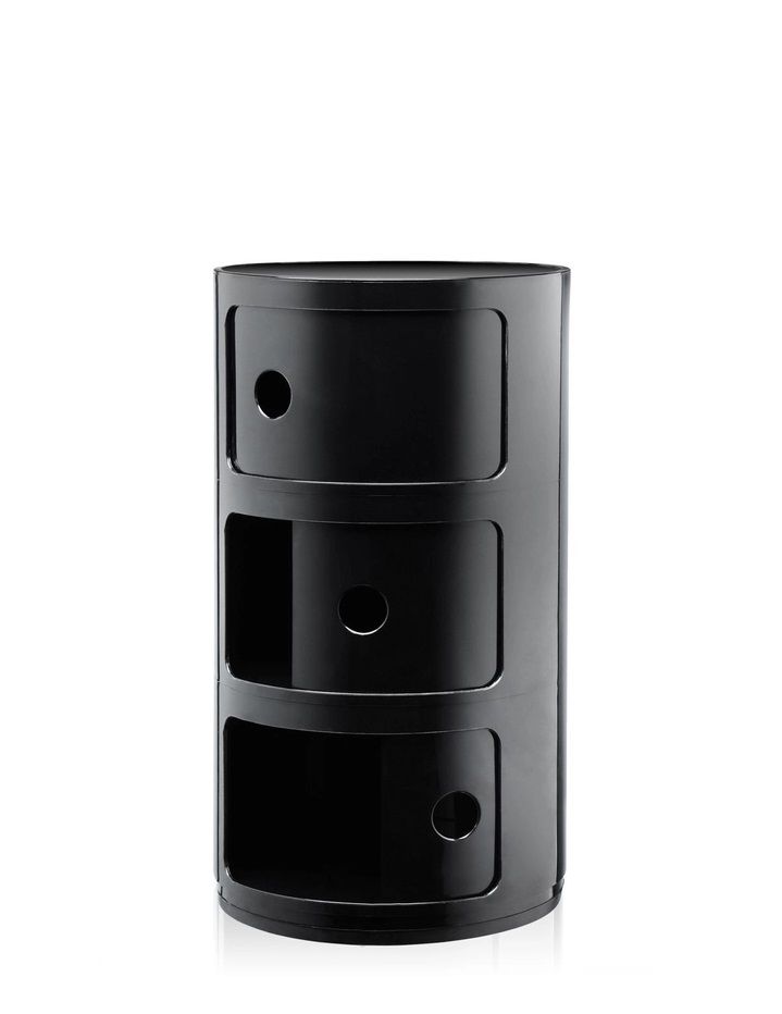Schwarzes Componibili 3er Element von Kartell: Moderner, runder Nachttisch mit drei Fächern für Schlafzimmer und Wohnbereich.