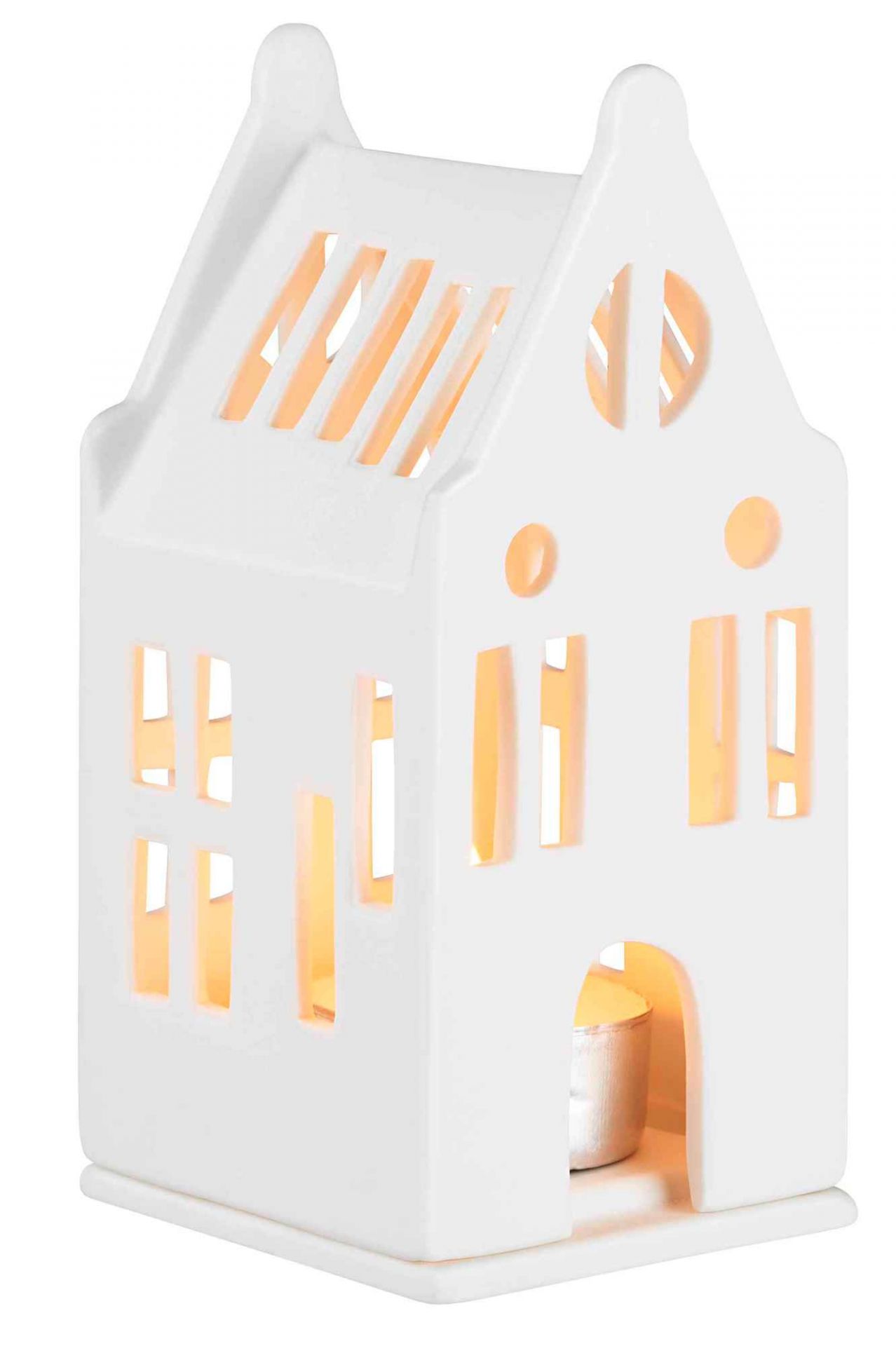 Weißes Mini Lichthaus Herrenhaus aus Keramik mit Teelicht für stimmungsvolle Beleuchtung im Zuhause.