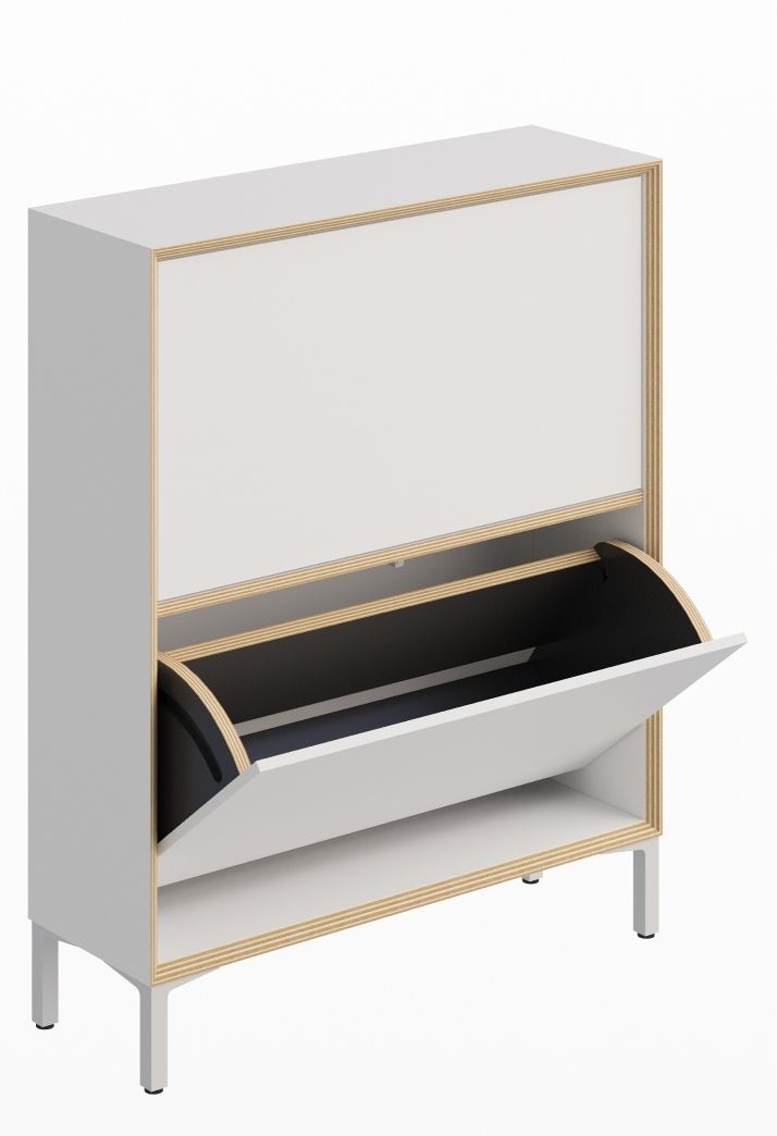 Weißer Vertiko Schuhschrank von Müller Möbelwerkstätten mit offener Klappe und minimalistischem Design für moderne Flure.