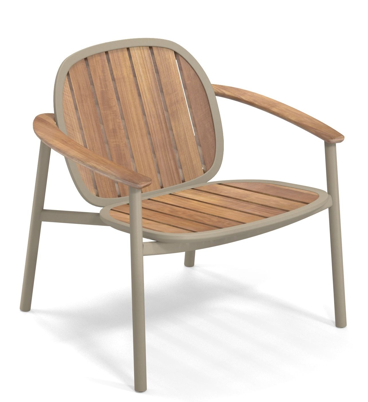 Twins Lounge Chair Armlehnen Stuhl Outdoor Emu mit Holzlatten auf Sitzfläche und Rückenlehne.