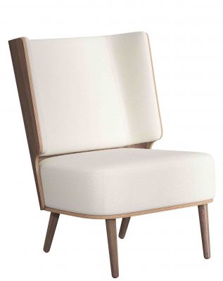 Serena Lounge Chair Sessel mit Eiche dunkel gebeizt und weißem Nubbio Stoffbezug.