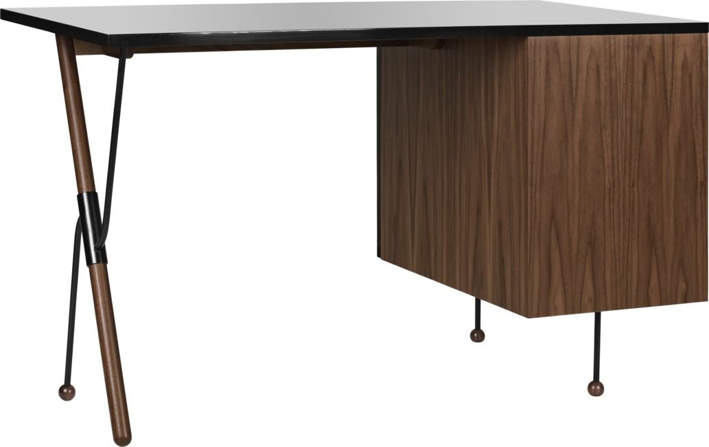 Gubi 62 Desk Schreibtisch mit weißer Tischplatte und einem Schubladenelement aus Nussbaumholz, modernes Design.