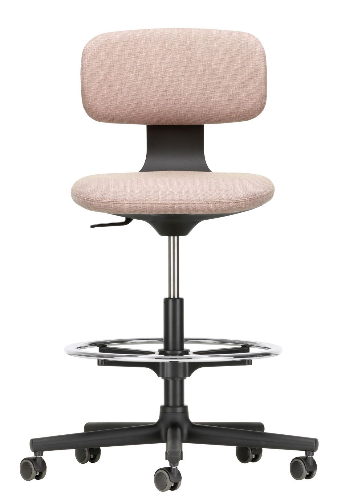 Vitra Rookie High Bürodrehstuhl mit Fußring und beigem Stoffbezug, ideal für Stehtische und hohe Arbeitsflächen.