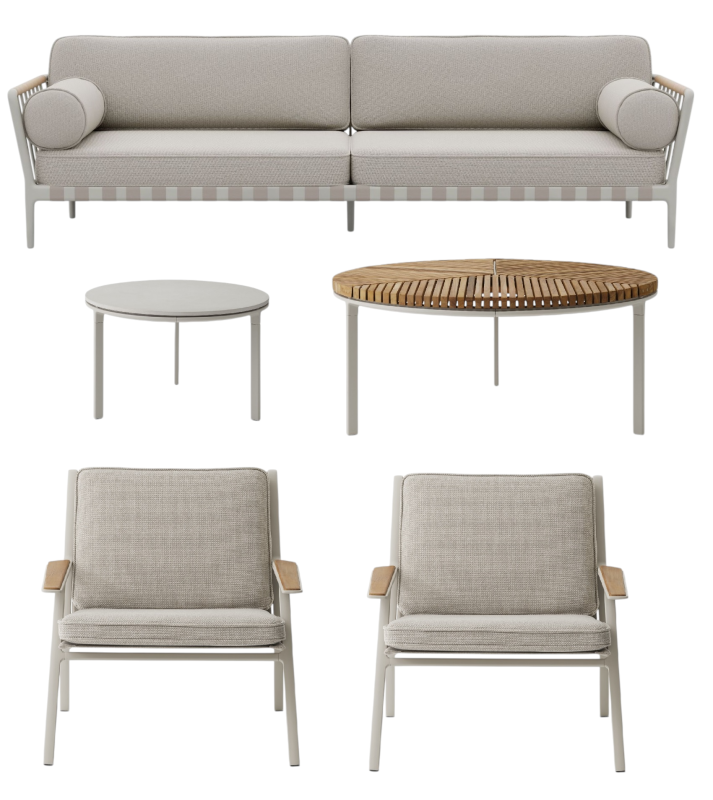Open-Air Outdoor Set von Vipp: Lounge Möbel mit Sofa, Sesseln und Tischen für Garten und Terrasse.