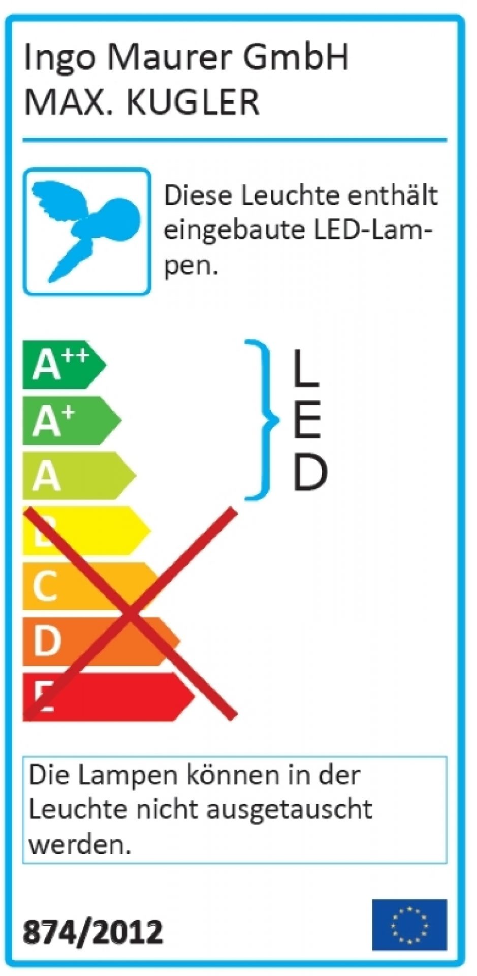 Energielabel der Max Kugler Tischleuchte von Ingo Maurer mit LED-Lampen.