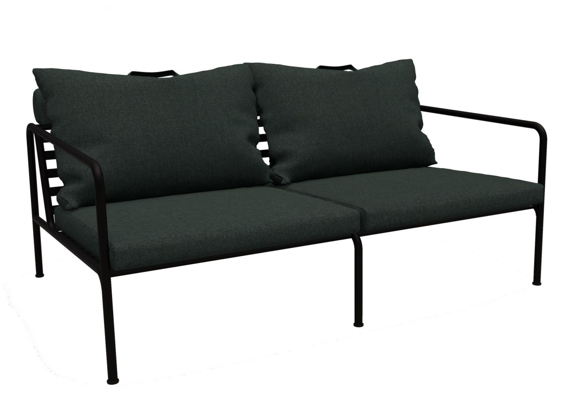 Avon 2-Sitzer Sofa von Houe für den Außenbereich mit dunklen Kissen und schwarzem Metallgestell.