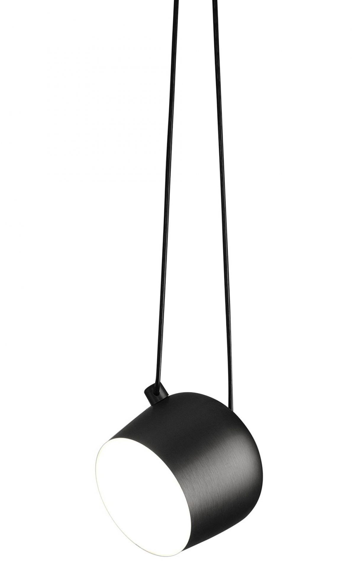 Schwarze Aim LED Pendelleuchte von Flos, moderne Hängelampe mit verstellbarem Leuchtenkopf.