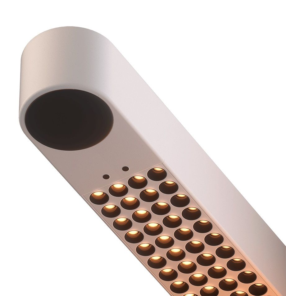 Detailaufnahme der grauen Team Mini LED Tischleuchte mit warmweißem Licht und modernem Design.