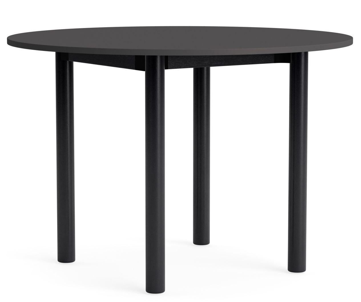 Annex Table Round Esstisch von Hay, runder Tisch mit schwarzer Tischplatte und vier zylindrischen Beinen.