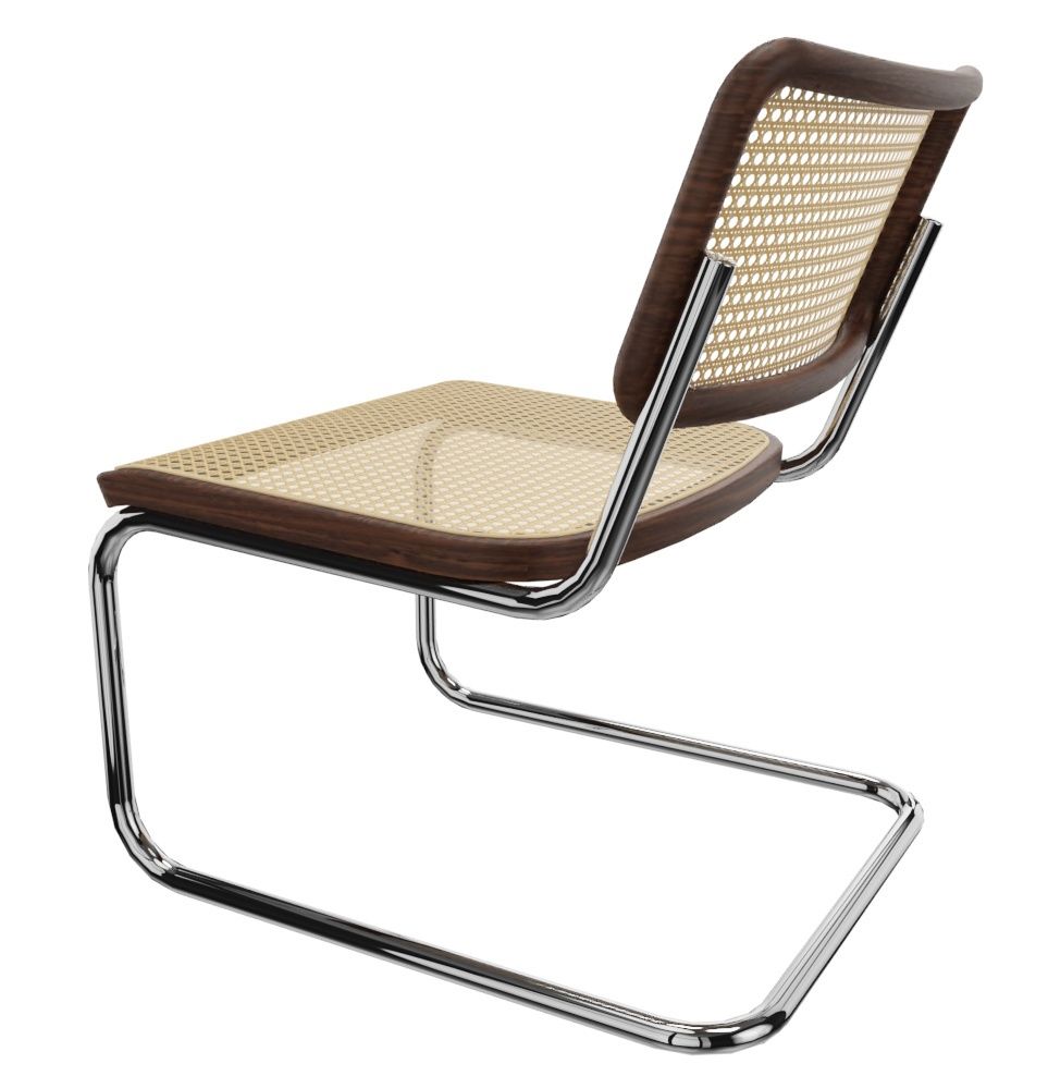 Thonet S 32 VL Lounge Chair Sessel mit Nussbaumholz und natürlichem Rohrgeflecht, seitliche Ansicht.