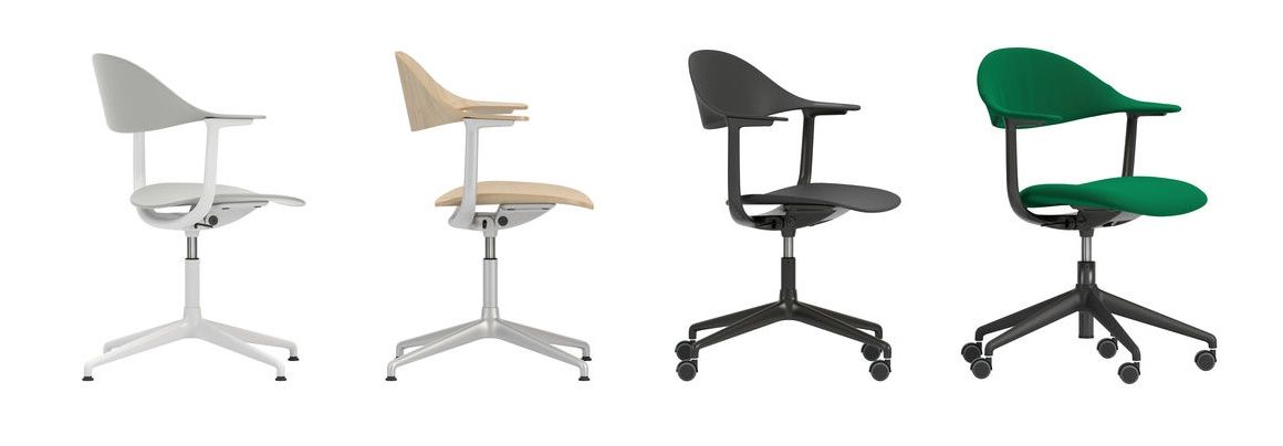 Mynt Bürodrehstühle von Vitra mit Kunststoff-Rückenlehne und Sitz in Weiß, Holz, Schwarz und Grün.