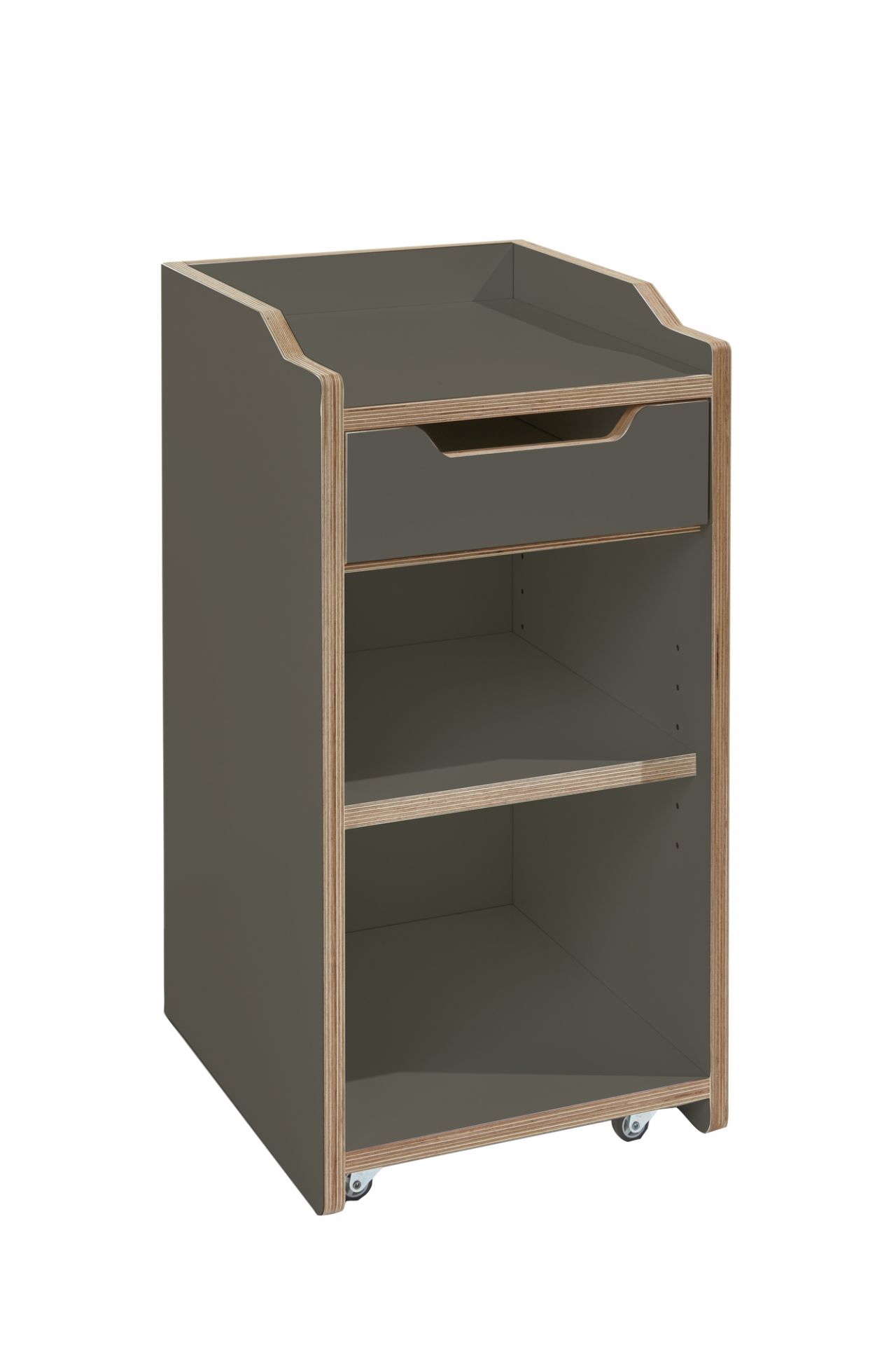Grauer Rollcontainer von Müller Möbelwerkstätten mit Schublade und zwei offenen Regalfächern.