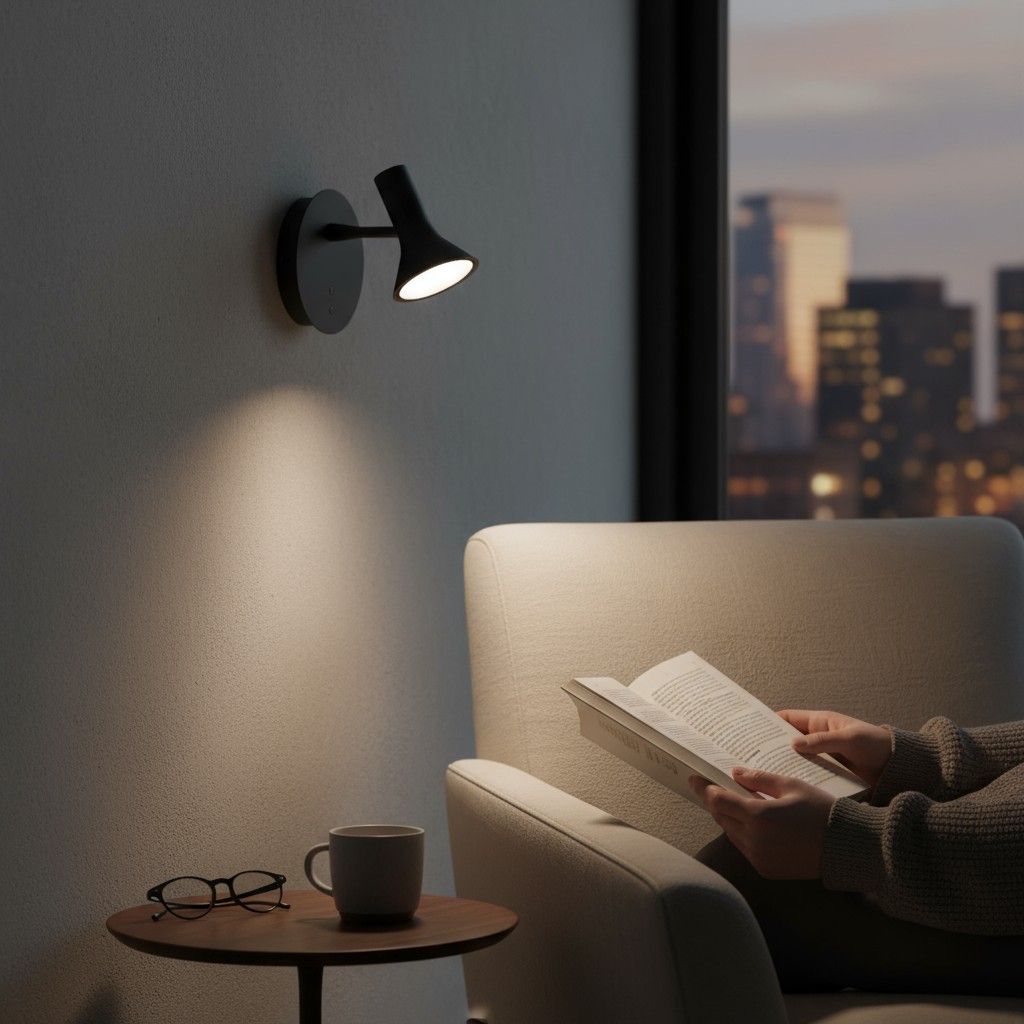 Asha Wandleuchte von ligne roset: Schwarze, moderne Leselampe neben Sessel mit Person beim Lesen.